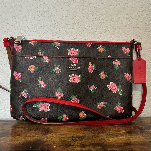 Coach Signature Canvas Leather Crossbody East West Pop Brown Floral Red Pink - Picture 5 of 9